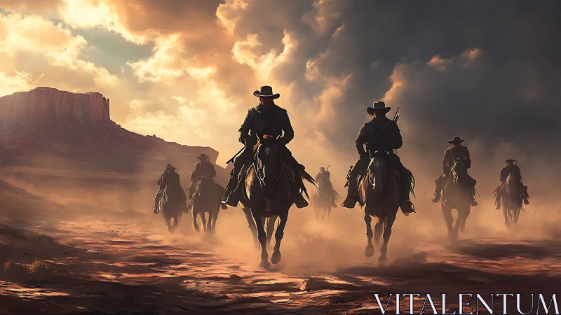 Cowboy riders crossing dusty canyon under storm light.