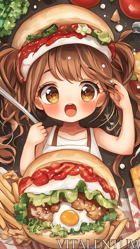 Kawaii girl poses with giant burger in playful food spread.