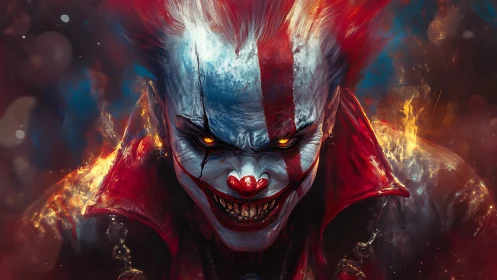 Demonic clown portrait burns through darkness with feral glare