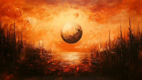 Solar-flooded alien horizon with suspended planetary sphere