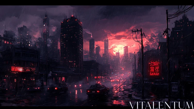Moody neon city street glowing under a fiery night sky.