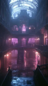 Grand flooded atrium under damaged glass roof glows purple