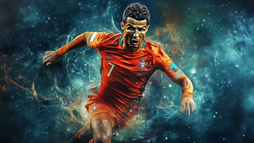 Digital illustration of soccer player in orange uniform sprinting.