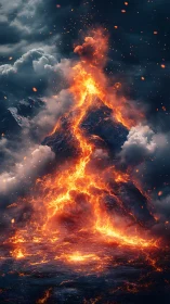 Volcanic Eruption with Massive Lava Column Against Storm Clouds