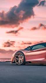 Rose gold sports car parked by ocean at pink sunset.