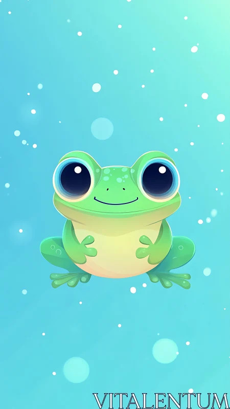 Cartoon green frog with large eyes on blue background.