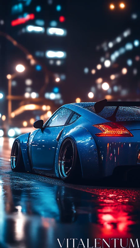 Low-slung blue sports car glows on neon-soaked city streets