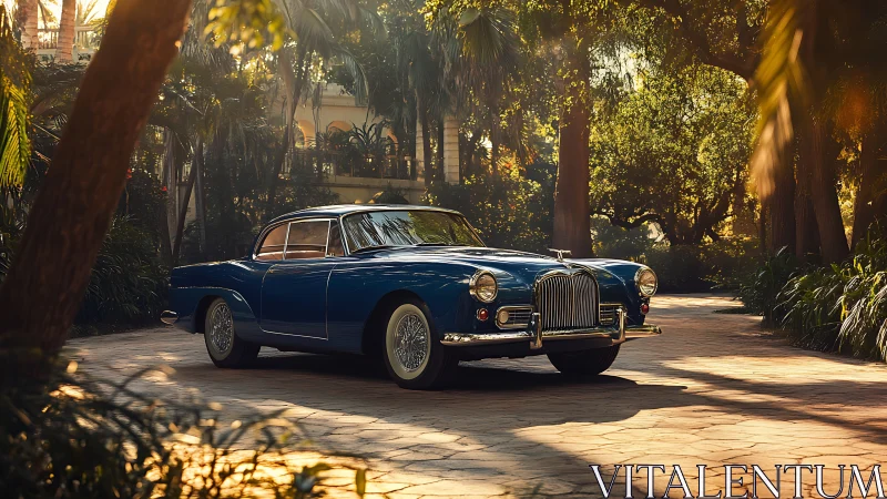 Sunlit blue classic coupe glides through lush villa garden.