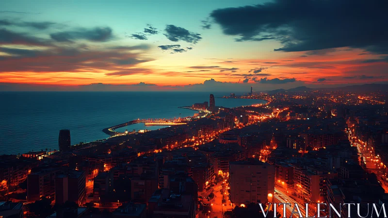 Coastal metropolis skyline under cinematic sunset glow.