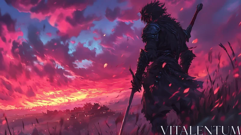 Lone duskblade watches ember skies above doomed citadel.