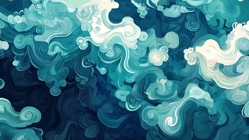 Swirling teal and white abstract waves form layered motion