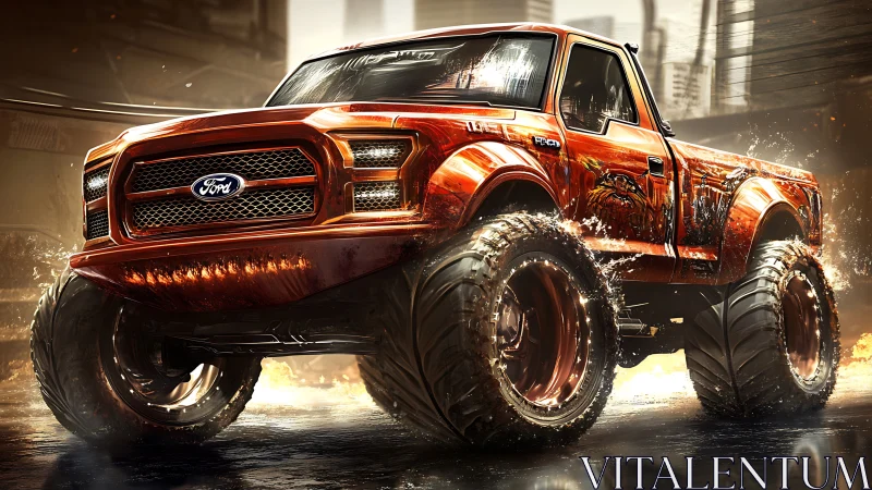 Molten city monster truck roaring through glowing streets.