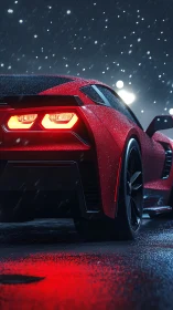 Red sports coupe glows against wet night snowfall street.