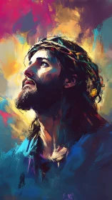 Luminous profile of crowned man in expressive brushwork.