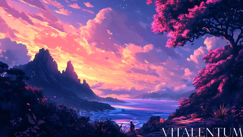 Luminous coastal sunset over stylized mountains and cove.