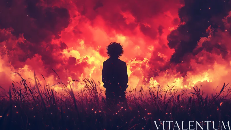 Silhouette in tall grass before extensive red fire cloud.