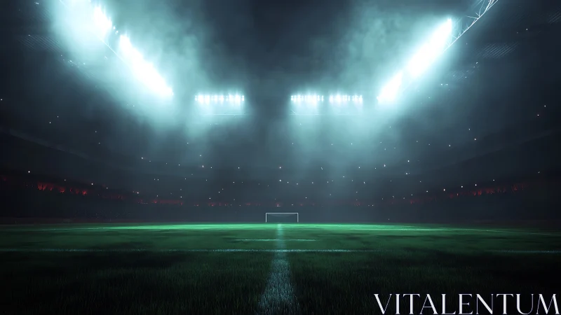 Midnight stadium hush under storm-bright floodlit sky.