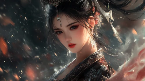 Ember-eyed moonlit empress amid swirling silver embers.