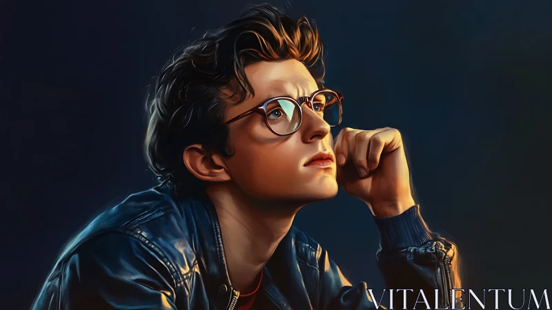 Thoughtful young man in glasses under cinematic light.