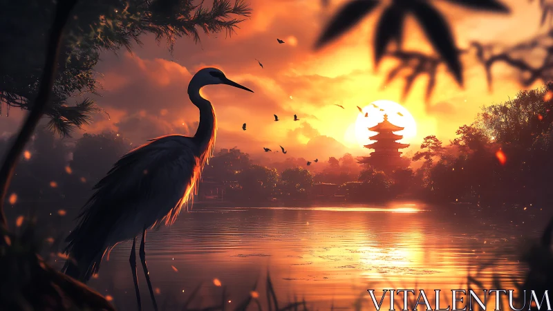Solitary heron observes pagoda skyline under blazing sunset