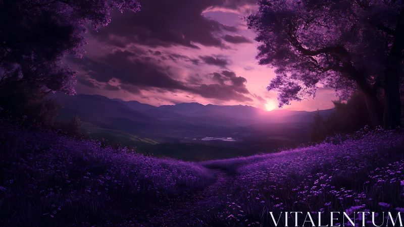 Lavender dusk path winds through a glowing dreamlike valley.