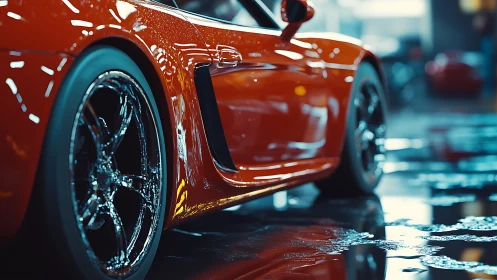 Orange sports car gleams over wet garage floor at night.