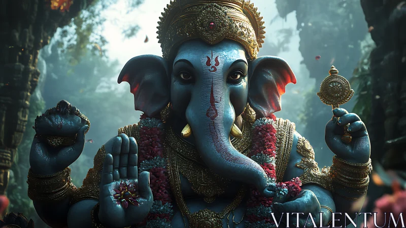 Divine elephant-headed deity in ornate 3D render portrait.