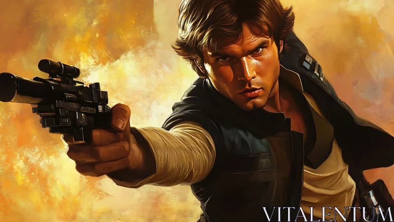 Dynamic sci fi gunslinger portrait with blaster pistol raised