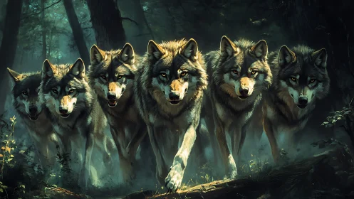 Wolf pack advancing through dense forest at dawn.