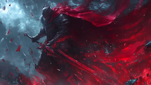 Crimson-enshrouded armored warlord amid turbulent spectral storm.