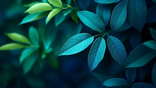 Luminous teal foliage against deep blue forest blur.