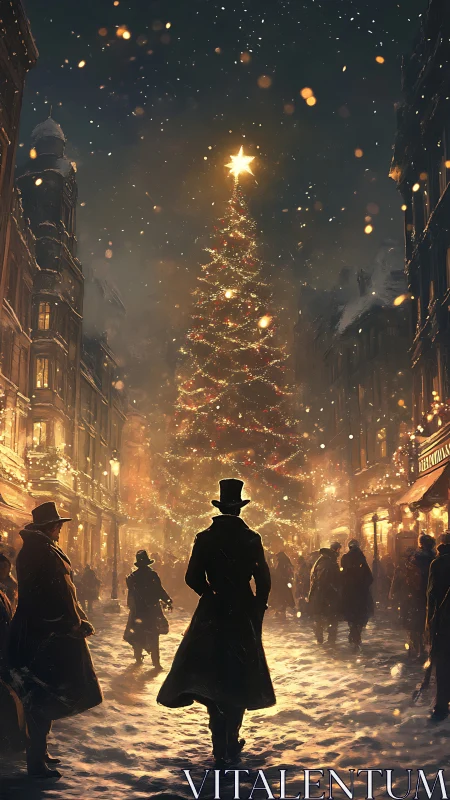 Victorian starlit Christmas street under storybook snowfall.