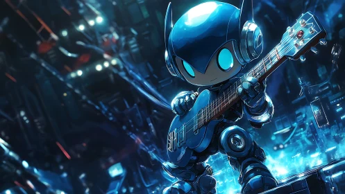 Robotic guitarist character in illuminated sci fi cityscape.