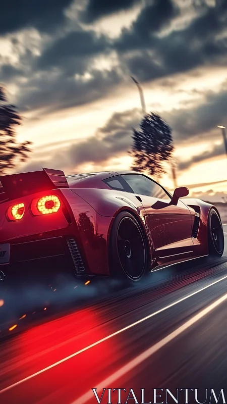 Midnight crimson supercar streaking through stormlit asphalt.