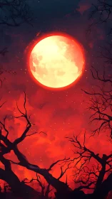 Moonlit ember sky above twisted midnight branches.