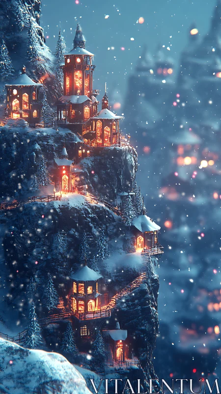 Lantern-lit cliffside towers whisper warmth into winter night