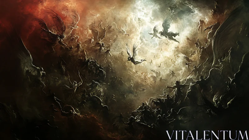 Celestial legions clash within stormlit infernal cloudscape.