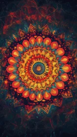 Radiant mandala blooms in fiery cosmic darkness