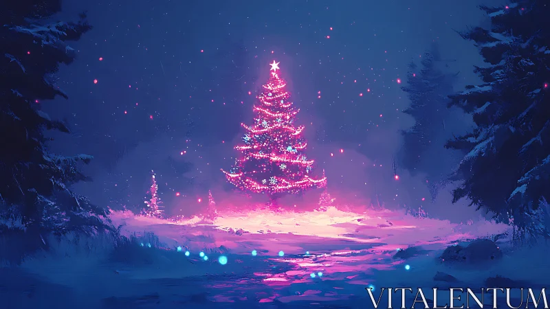 Illuminated winter tree stands in a snow-covered forest clearing