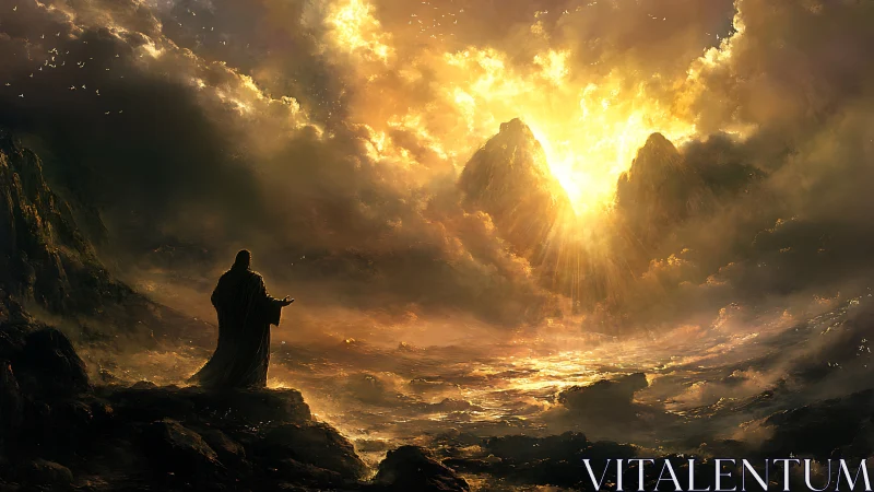 Prophetic silhouette before blazing celestial mountain gateway.