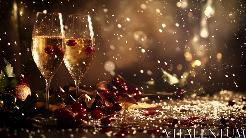 Photorealistic holiday champagne tableau with falling snow.