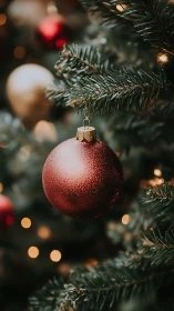 Softly glowing red ornament nestled on a cozy tree branch.
