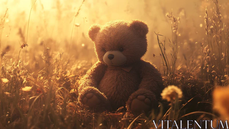 Photorealistic teddy bear in golden hour meadow composition.