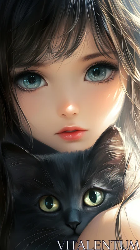Digital portrait: girl with blue eyes and black cat