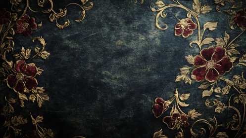 Vintage floral border with rich red blooms and gold leaves.