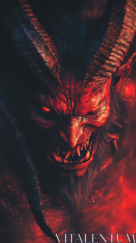 Horned infernal demon rendered in blazing red chiaroscuro.