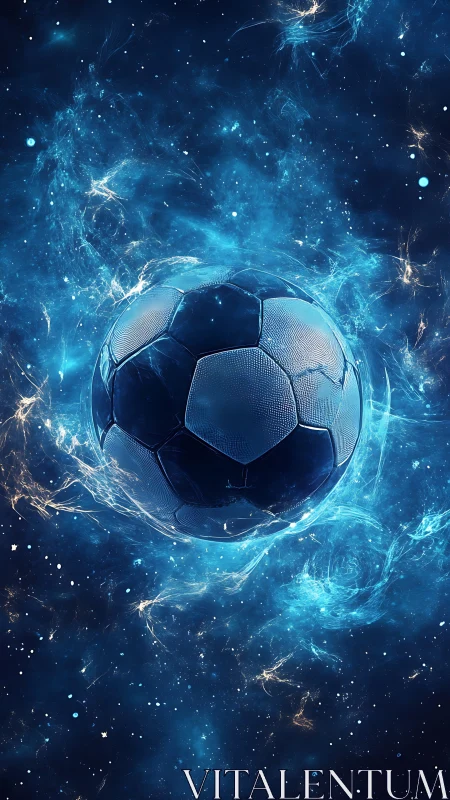 Glowing blue soccer ball suspended in abstract cosmic field.