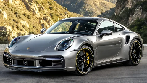 Silver sports coupe is parked on a mountain road