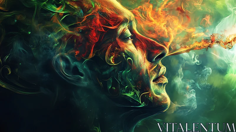 Luminous dreamer exhales swirling fire across neon void.