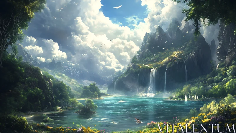 Epic fantasy valley lake with waterfalls and luminous clouds.